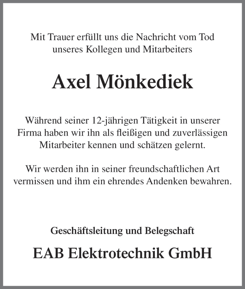  Traueranzeige für Axel Mönkediek vom 05.12.2015 aus Neue Osnabrücker Zeitung GmbH & Co. KG