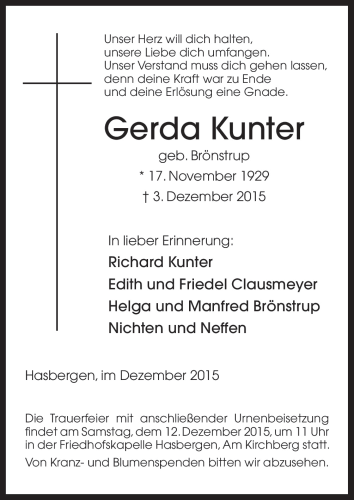  Traueranzeige für Gerda Kunter vom 09.12.2015 aus Neue Osnabrücker Zeitung GmbH & Co. KG