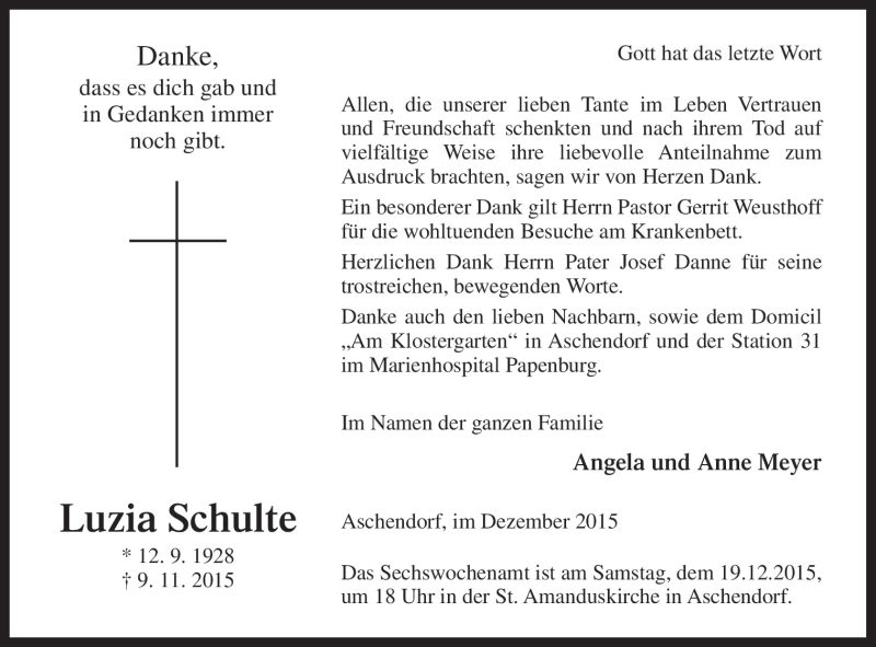  Traueranzeige für Luzia Schulte vom 15.12.2015 aus Neue Osnabrücker Zeitung GmbH & Co. KG