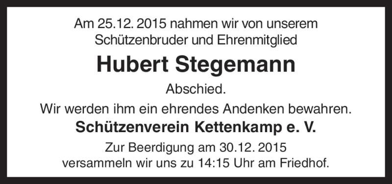  Traueranzeige für Hubert Stegemann vom 30.12.2015 aus Neue Osnabrücker Zeitung GmbH & Co. KG