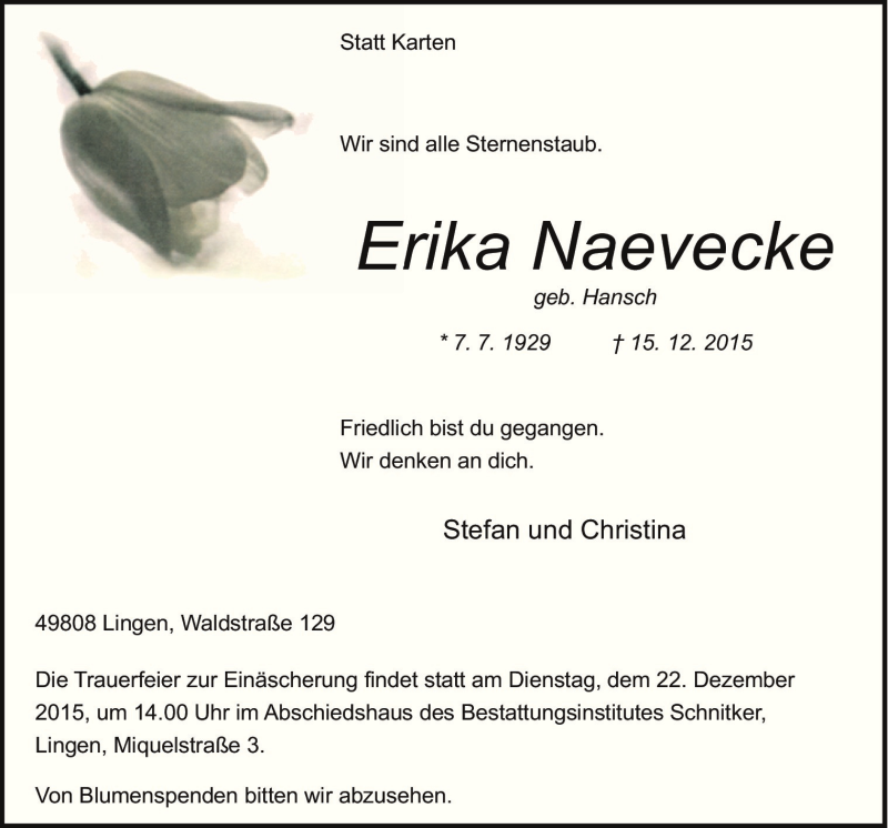 Traueranzeige für Erika Naevecke vom 21.12.2015 aus Neue Osnabrücker Zeitung GmbH & Co. KG