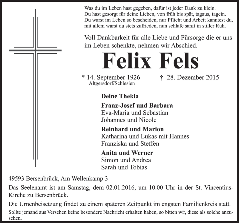  Traueranzeige für Felix Fels vom 30.12.2015 aus Neue Osnabrücker Zeitung GmbH & Co. KG