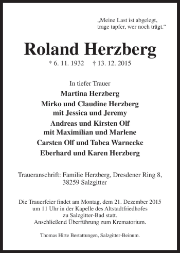 Traueranzeige von Roland Herzberg von Neue Osnabrücker Zeitung GmbH & Co. KG