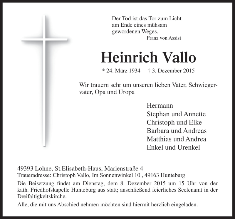  Traueranzeige für Heinrich Vallo vom 04.12.2015 aus Neue Osnabrücker Zeitung GmbH & Co. KG