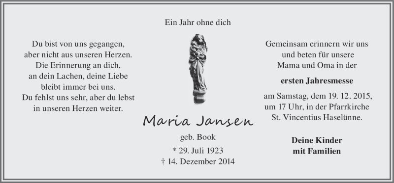  Traueranzeige für Maria Jansen vom 14.12.2015 aus Neue Osnabrücker Zeitung GmbH & Co. KG