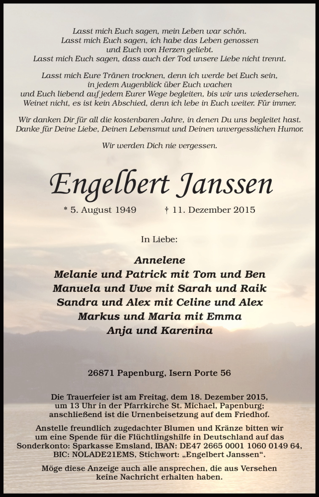  Traueranzeige für Engelbert Janssen vom 15.12.2015 aus Neue Osnabrücker Zeitung GmbH & Co. KG