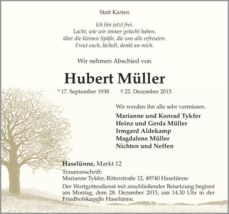  Traueranzeige für Hubert Müller vom 24.12.2015 aus Neue Osnabrücker Zeitung GmbH & Co. KG