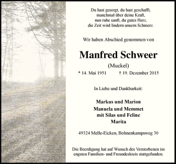 Traueranzeige von Manfred Schweer von Neue Osnabrücker Zeitung GmbH & Co. KG