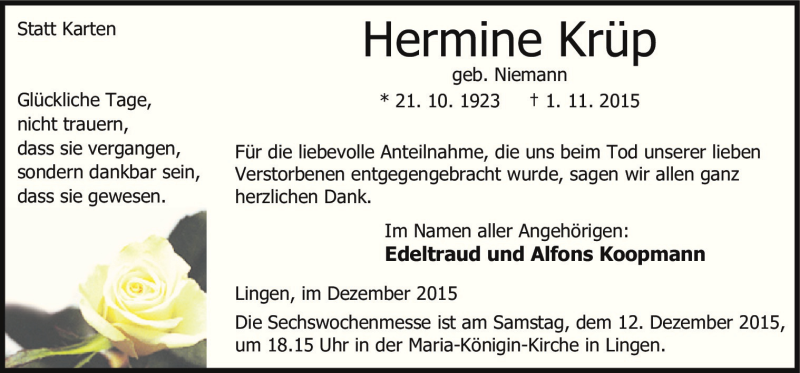  Traueranzeige für Hermine Krüp vom 09.12.2015 aus Neue Osnabrücker Zeitung GmbH & Co. KG