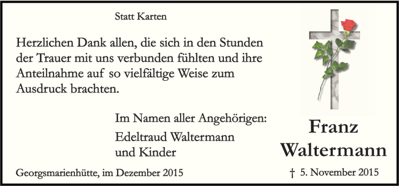  Traueranzeige für Franz Waltermann vom 12.12.2015 aus Neue Osnabrücker Zeitung GmbH & Co. KG