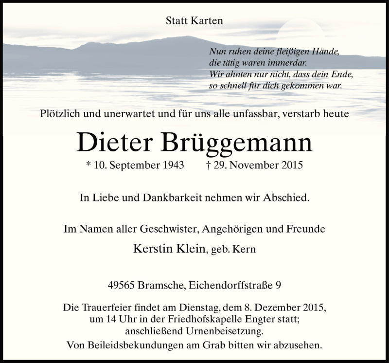  Traueranzeige für Dieter Brüggemann vom 04.12.2015 aus Neue Osnabrücker Zeitung GmbH & Co. KG