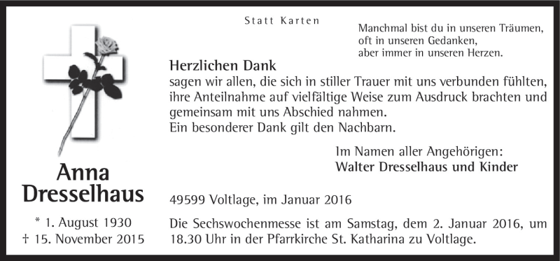  Traueranzeige für Anna Dresselhaus vom 29.12.2015 aus Neue Osnabrücker Zeitung GmbH & Co. KG