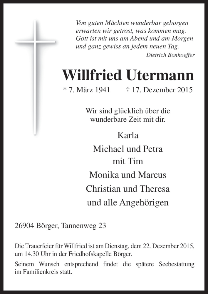  Traueranzeige für Willfried Utermann vom 19.12.2015 aus Neue Osnabrücker Zeitung GmbH & Co. KG