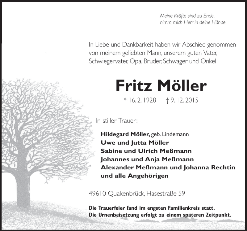  Traueranzeige für Fritz Möller vom 16.12.2015 aus Neue Osnabrücker Zeitung GmbH & Co. KG