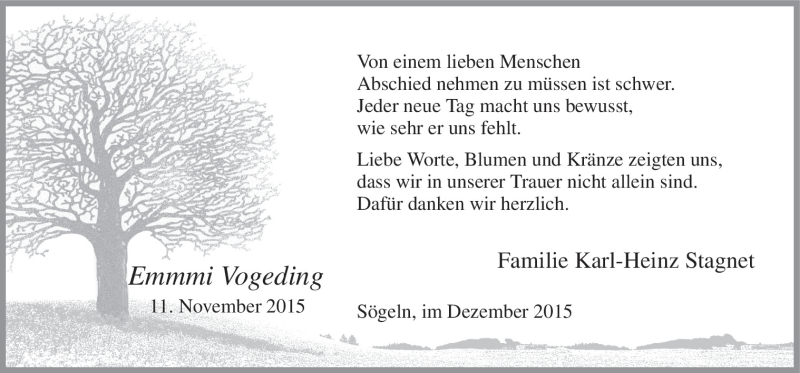  Traueranzeige für Emmmi Vogeding vom 19.12.2015 aus Neue Osnabrücker Zeitung GmbH & Co. KG