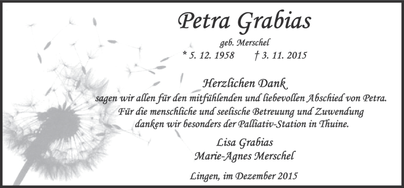  Traueranzeige für Petra Grabias vom 05.12.2015 aus Neue Osnabrücker Zeitung GmbH & Co. KG