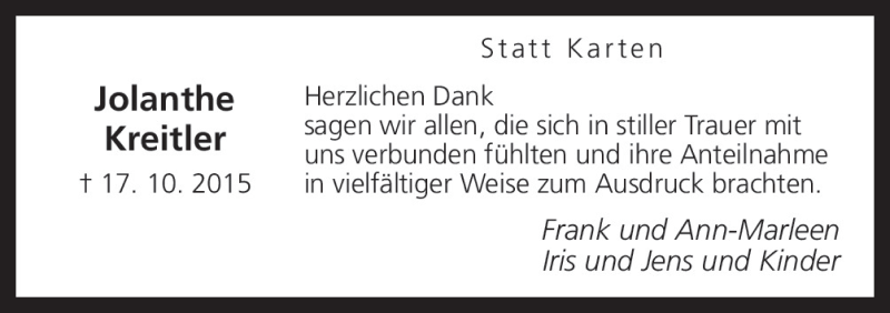  Traueranzeige für Jolanthe Kreitler vom 23.12.2015 aus Neue Osnabrücker Zeitung GmbH & Co. KG