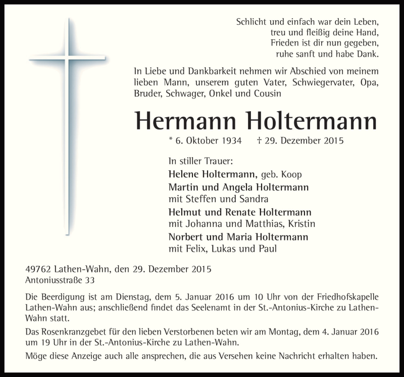  Traueranzeige für Hermann Holtermann vom 31.12.2015 aus Neue Osnabrücker Zeitung GmbH & Co. KG