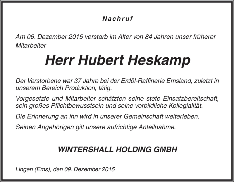  Traueranzeige für Hubert Heskamp vom 10.12.2015 aus Neue Osnabrücker Zeitung GmbH & Co. KG