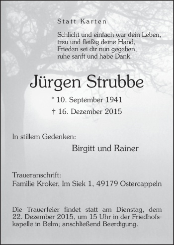 Traueranzeige von Jürgen Strubbe von Neue Osnabrücker Zeitung GmbH & Co. KG