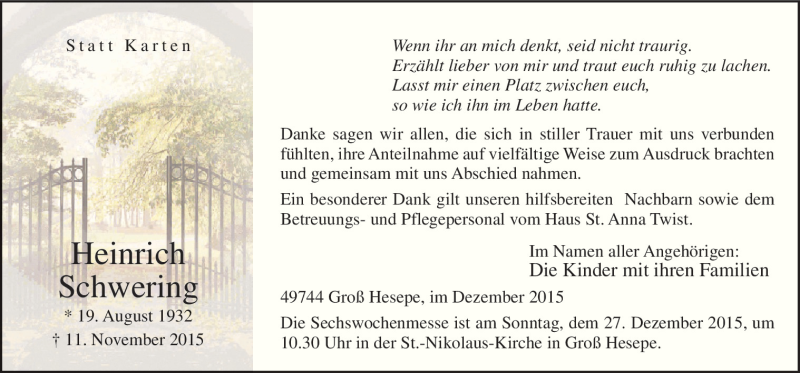  Traueranzeige für Heinrich Schwering vom 23.12.2015 aus Neue Osnabrücker Zeitung GmbH & Co. KG