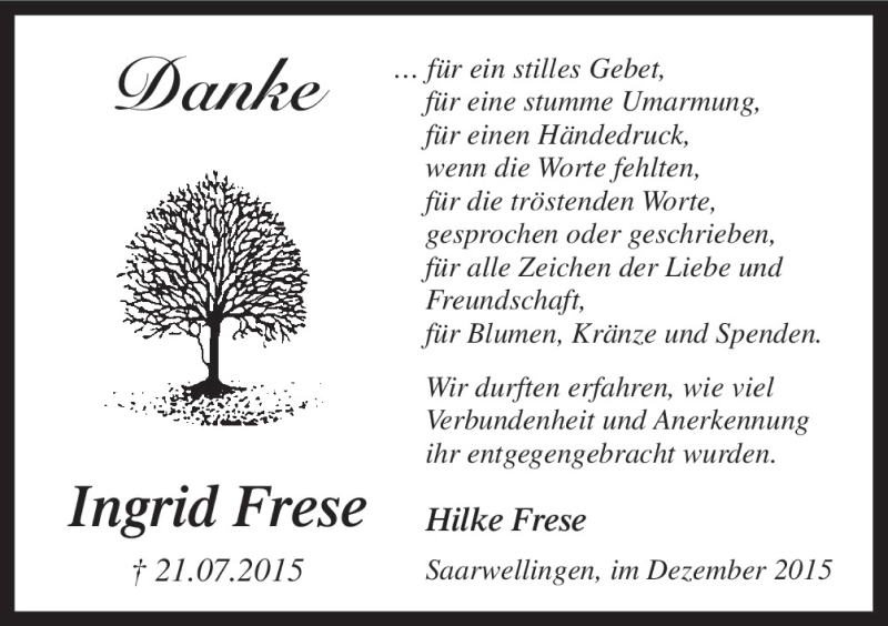  Traueranzeige für Ingrid Frese vom 05.12.2015 aus Neue Osnabrücker Zeitung GmbH & Co. KG