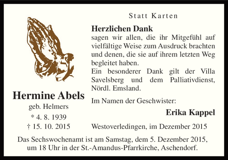  Traueranzeige für Hermine Abels vom 03.12.2015 aus Neue Osnabrücker Zeitung GmbH & Co. KG
