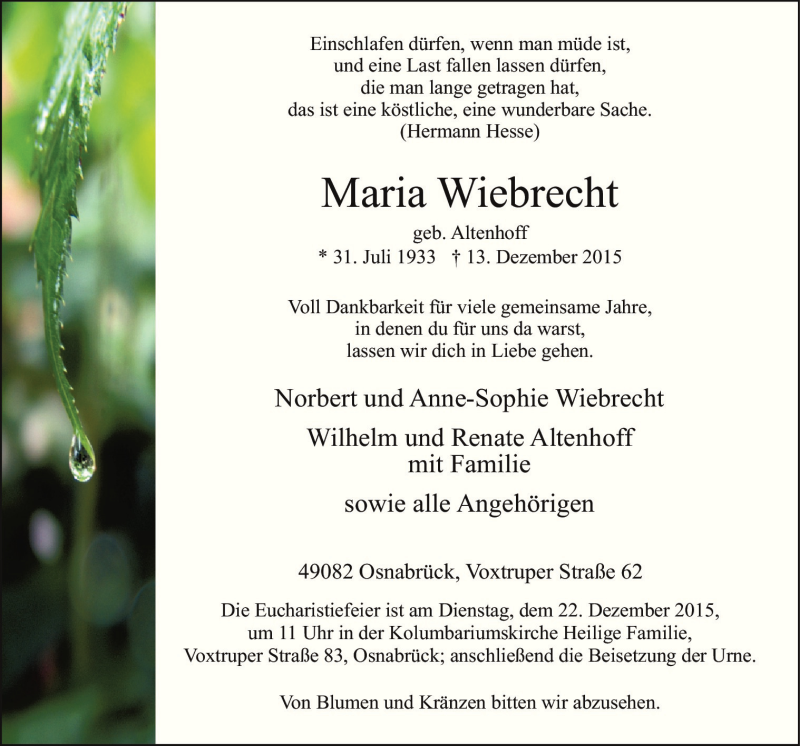  Traueranzeige für Maria Wiebrecht vom 16.12.2015 aus Neue Osnabrücker Zeitung GmbH & Co. KG
