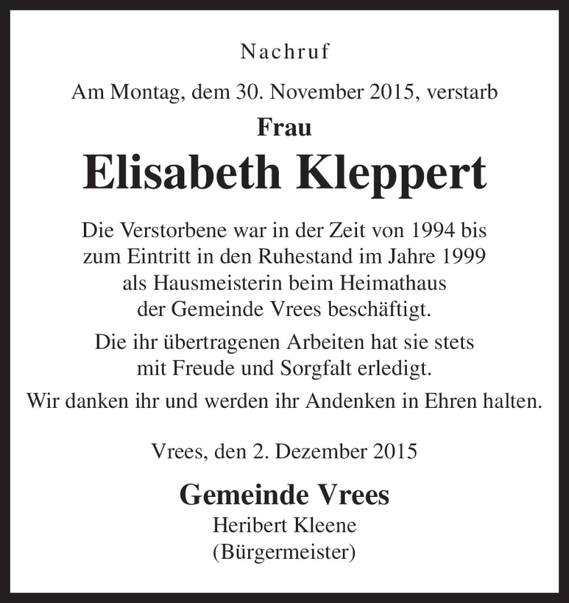  Traueranzeige für Elisabeth Kleppert vom 04.12.2015 aus Neue Osnabrücker Zeitung GmbH & Co. KG