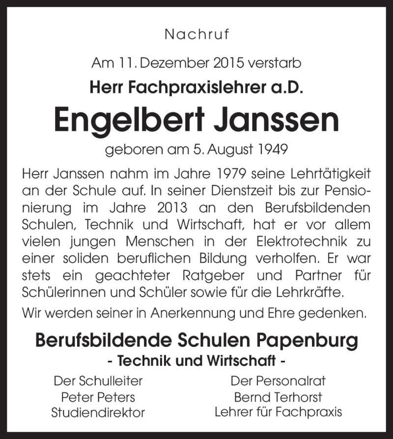  Traueranzeige für Engelbert Janssen vom 17.12.2015 aus Neue Osnabrücker Zeitung GmbH & Co. KG