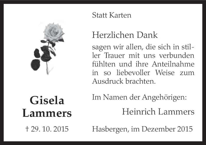 Traueranzeige für Gisela Lammers vom 05.12.2015 aus Neue Osnabrücker Zeitung GmbH & Co. KG