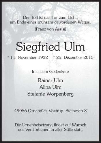 Traueranzeige von Siegfried Ulm von Neue Osnabrücker Zeitung GmbH & Co. KG
