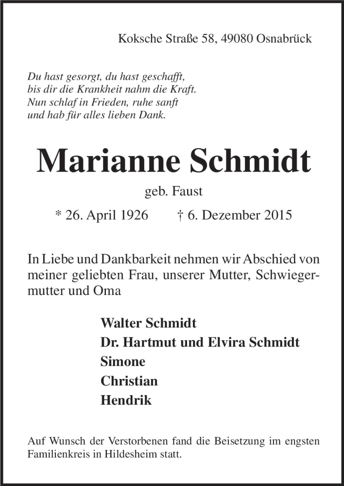  Traueranzeige für Marianne Schmidt vom 12.12.2015 aus Neue Osnabrücker Zeitung GmbH & Co. KG