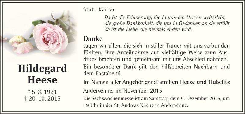  Traueranzeige für Hildegard Heese vom 02.12.2015 aus Neue Osnabrücker Zeitung GmbH & Co. KG