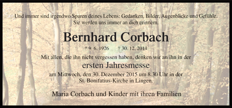  Traueranzeige für Bernhard Corbach vom 28.12.2015 aus Neue Osnabrücker Zeitung GmbH & Co. KG