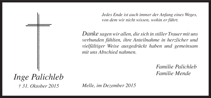  Traueranzeige für Inge Palichleb vom 05.12.2015 aus Neue Osnabrücker Zeitung GmbH & Co. KG