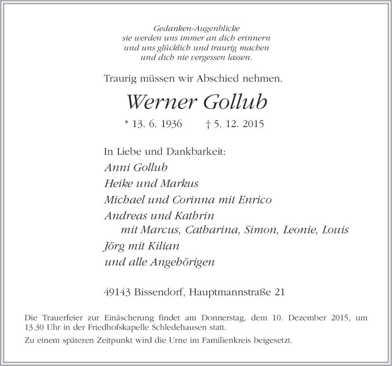  Traueranzeige für Werner Gollub vom 07.12.2015 aus Neue Osnabrücker Zeitung GmbH & Co. KG