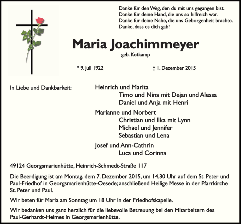  Traueranzeige für Maria Joachimmeyer vom 03.12.2015 aus Neue Osnabrücker Zeitung GmbH & Co. KG