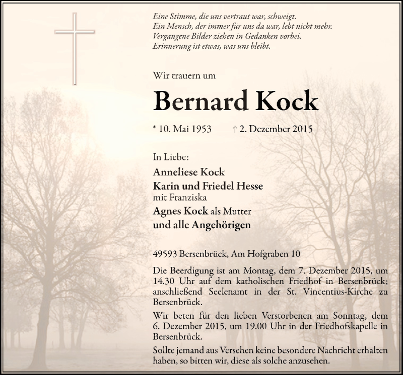  Traueranzeige für Bernhard Kock vom 04.12.2015 aus Neue Osnabrücker Zeitung GmbH & Co. KG