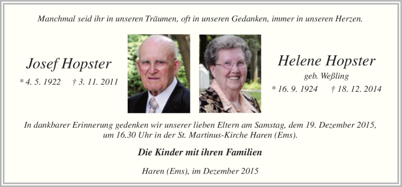  Traueranzeige für Josef und Helene  Hopsten vom 16.12.2015 aus Neue Osnabrücker Zeitung GmbH & Co. KG