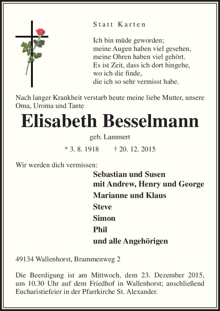  Traueranzeige für Elisabeth Besselmann vom 22.12.2015 aus Neue Osnabrücker Zeitung GmbH & Co. KG