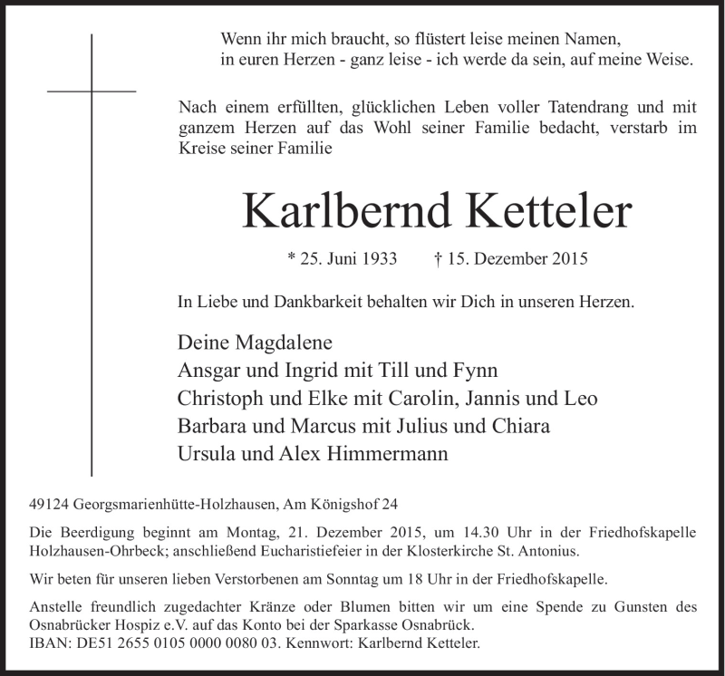  Traueranzeige für Karlbernd Ketteler vom 17.12.2015 aus Neue Osnabrücker Zeitung GmbH & Co. KG