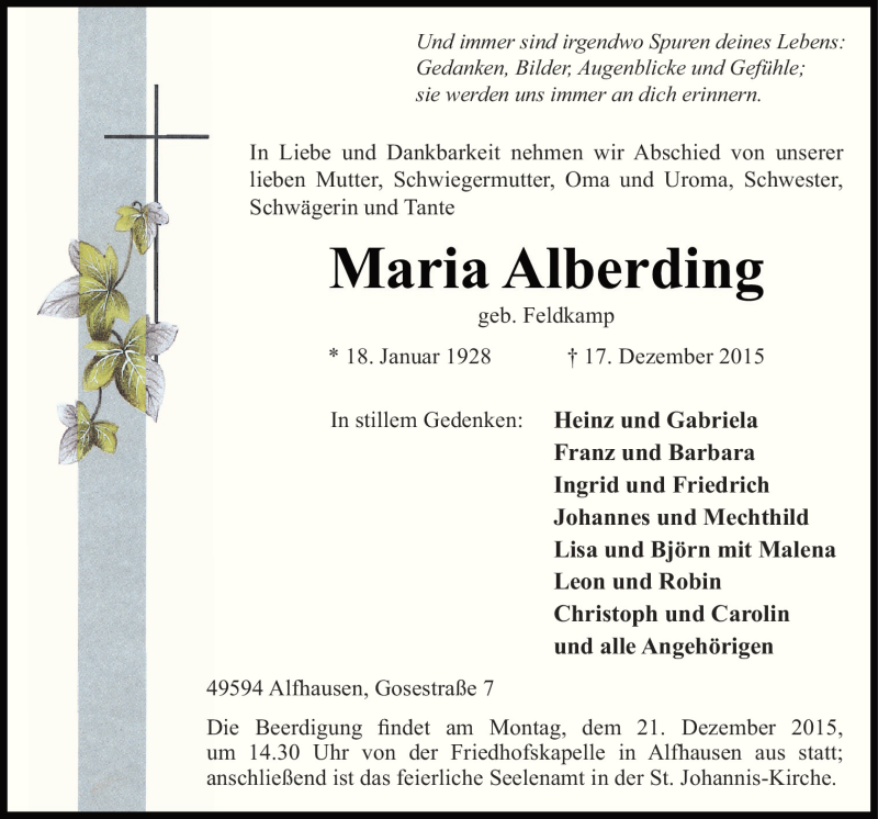  Traueranzeige für Maria Abercling vom 19.12.2015 aus Neue Osnabrücker Zeitung GmbH & Co. KG