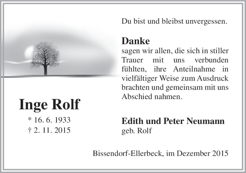  Traueranzeige für Inge Rolf vom 19.12.2015 aus Neue Osnabrücker Zeitung GmbH & Co. KG