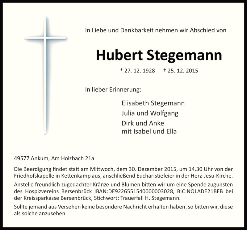  Traueranzeige für Hubert Stegemann vom 28.12.2015 aus Neue Osnabrücker Zeitung GmbH & Co. KG