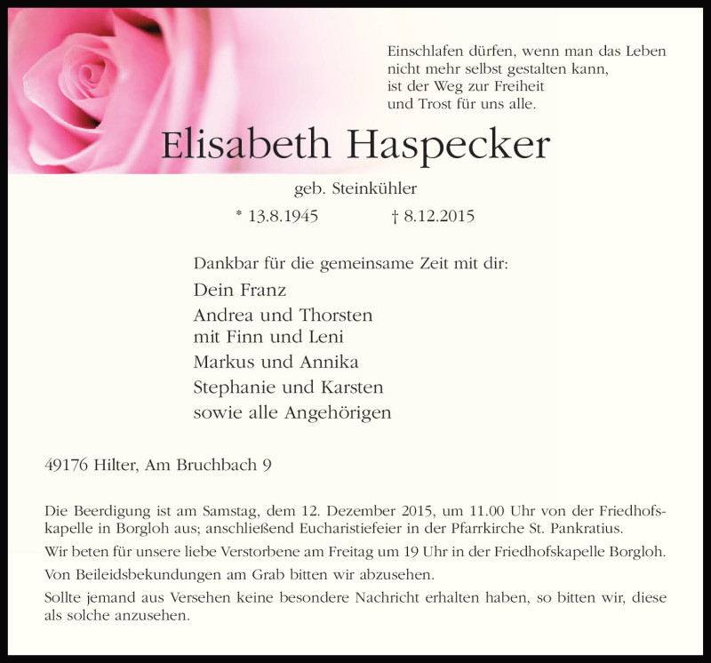  Traueranzeige für Elisabeth Haspecker vom 10.12.2015 aus Neue Osnabrücker Zeitung GmbH & Co. KG