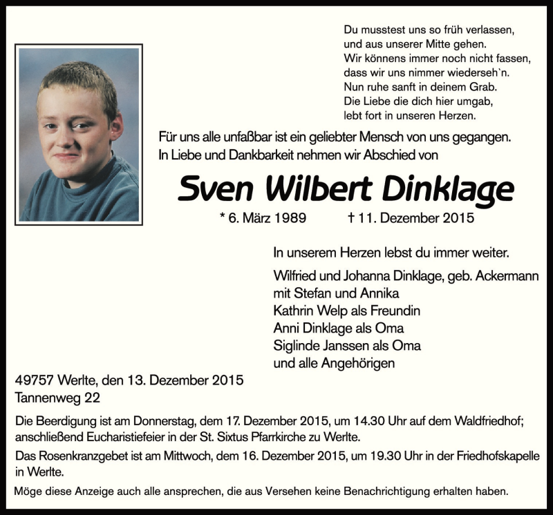  Traueranzeige für Sven Wilbert Dinklage vom 14.12.2015 aus Neue Osnabrücker Zeitung GmbH & Co. KG