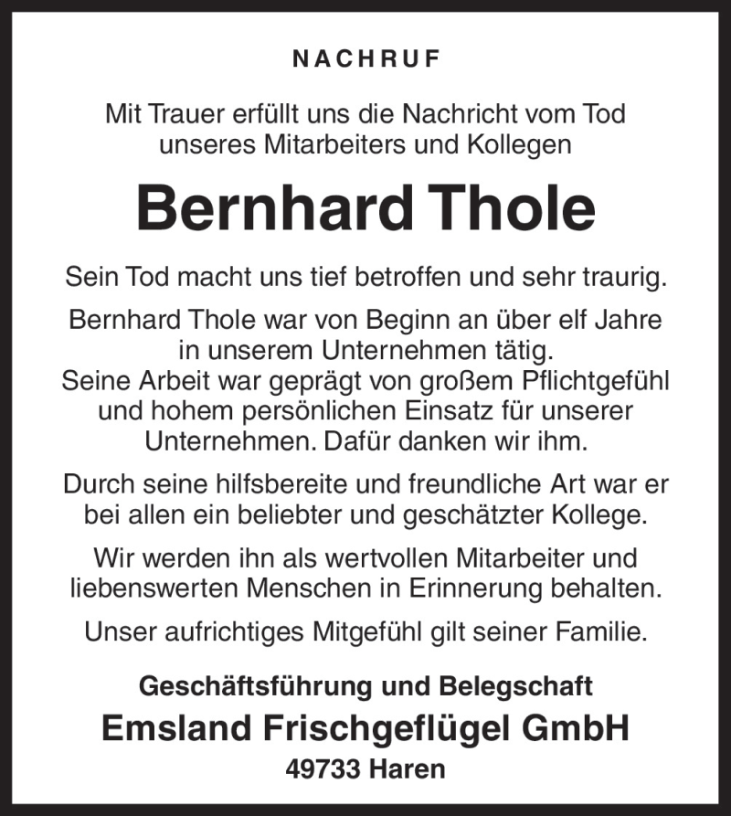  Traueranzeige für Bernhard Thole vom 23.12.2015 aus Neue Osnabrücker Zeitung GmbH & Co. KG
