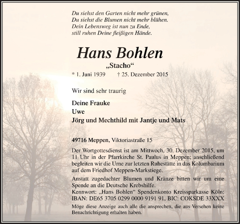  Traueranzeige für Hans Bohlen vom 28.12.2015 aus Neue Osnabrücker Zeitung GmbH & Co. KG