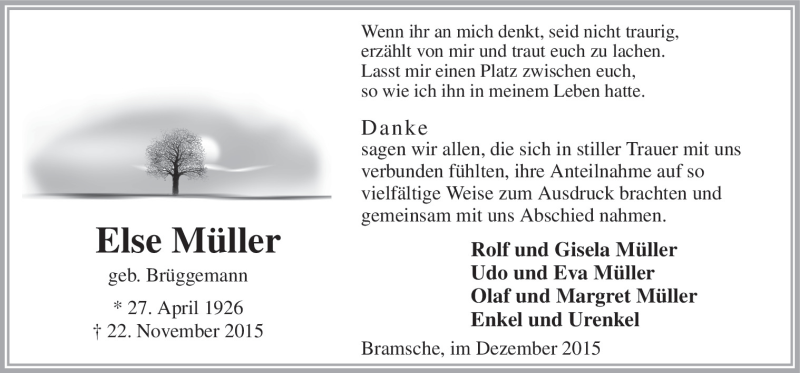  Traueranzeige für Else Müller vom 24.12.2015 aus Neue Osnabrücker Zeitung GmbH & Co. KG